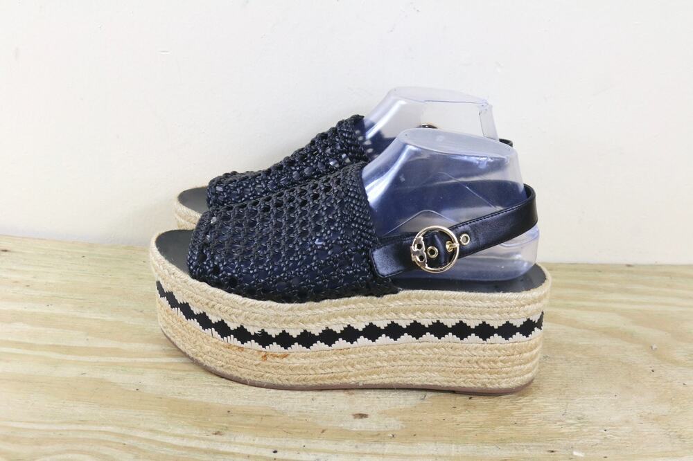 Tory Burch Shoes Womens 9.5M Black Leather Dandy Espadrille Platform Sandals